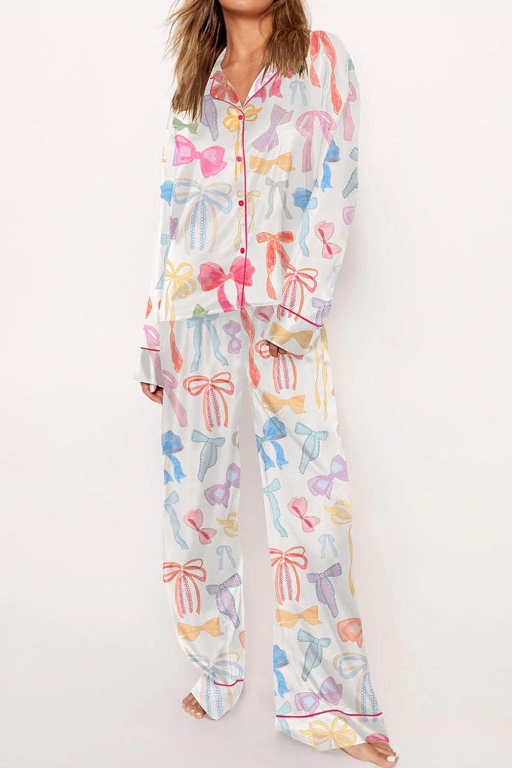 White Bow Print Satin Pajama Set