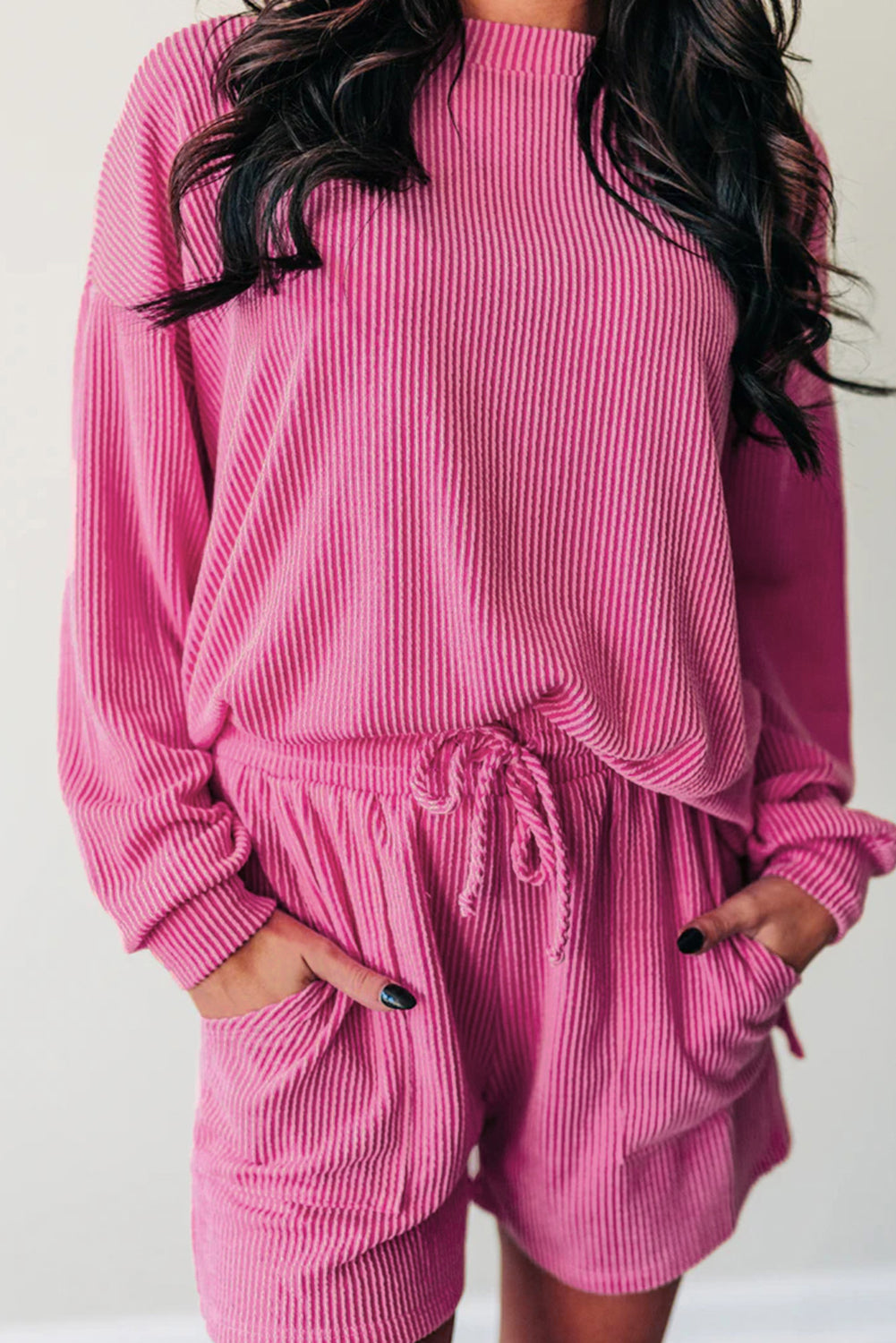 Strawberry Pink Corded Long Sleeve Top & Shorts Set