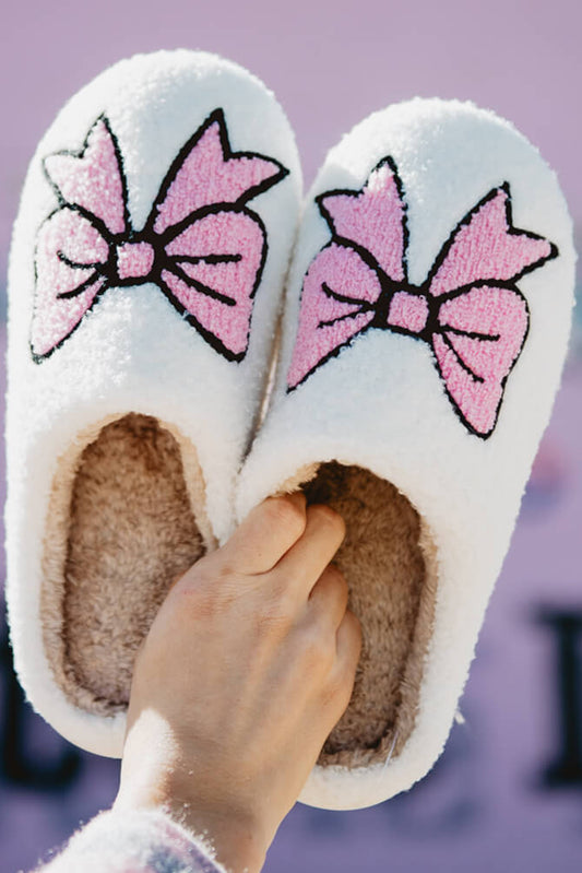 White Bowknot Fuzzy Home Slippers