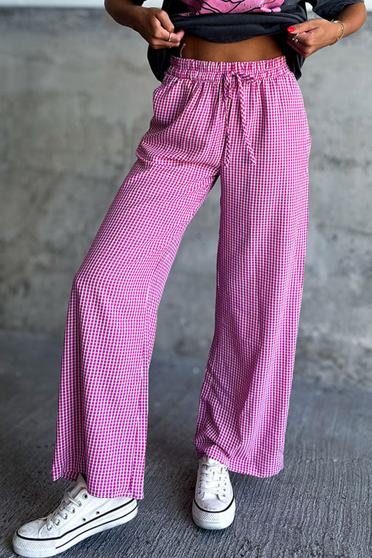 Pink Plaid Drawstring High Waist Pants