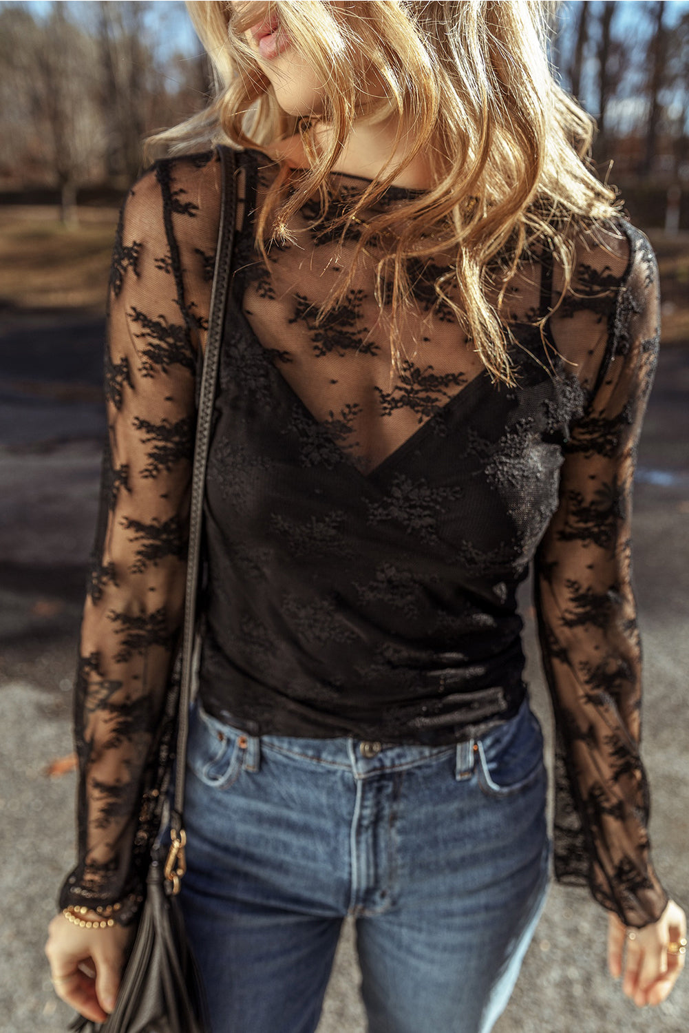 Black Lace Mesh Long Sleeve Blouse