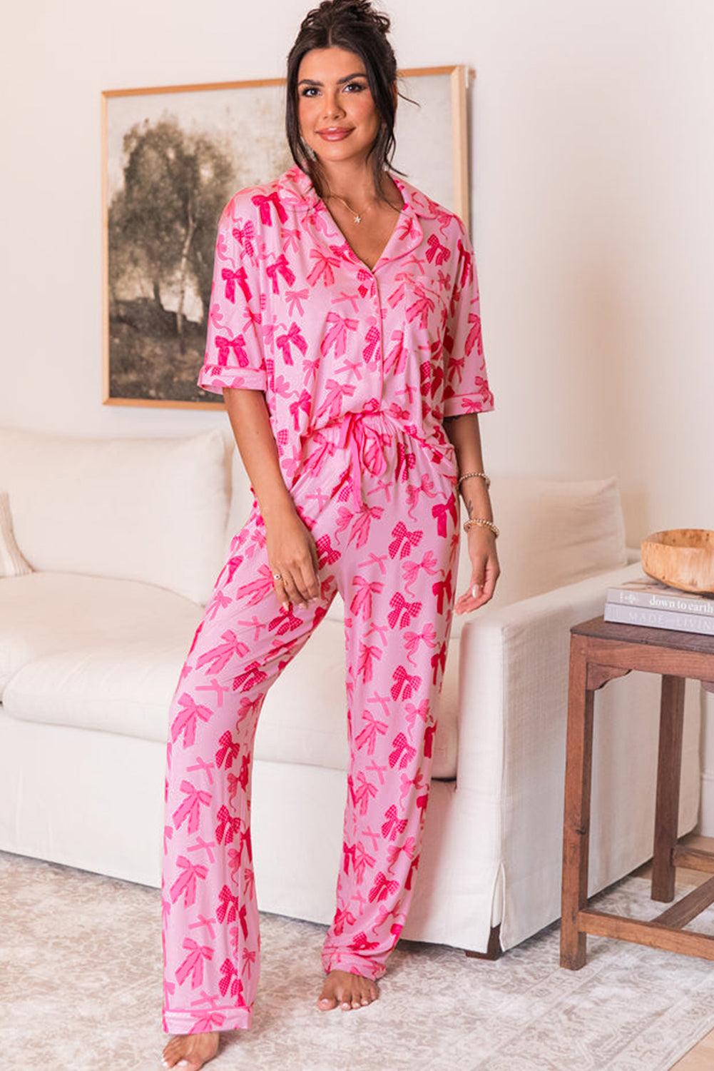 Pink Bow Short Sleeve & Pants Pajamas Set