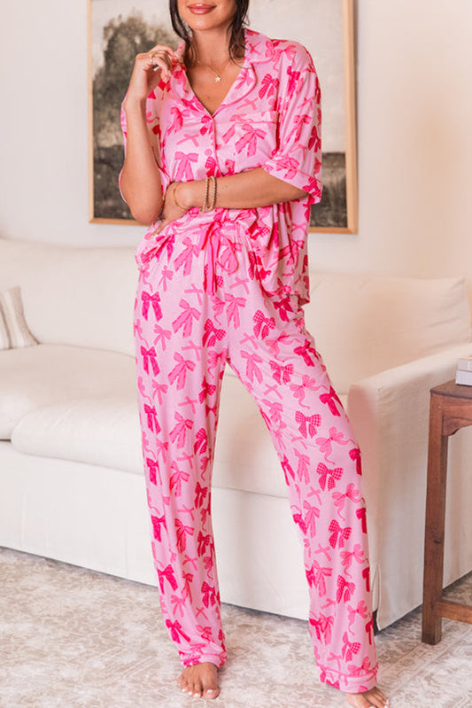 Pink Bow Short Sleeve & Pants Pajamas Set