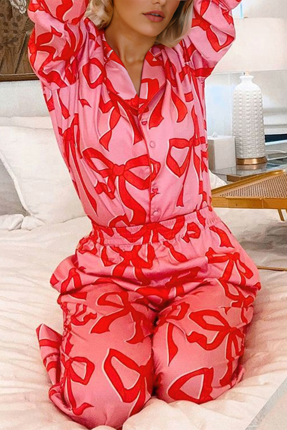 Pink & Red Bow Long Sleeve Pajama Set