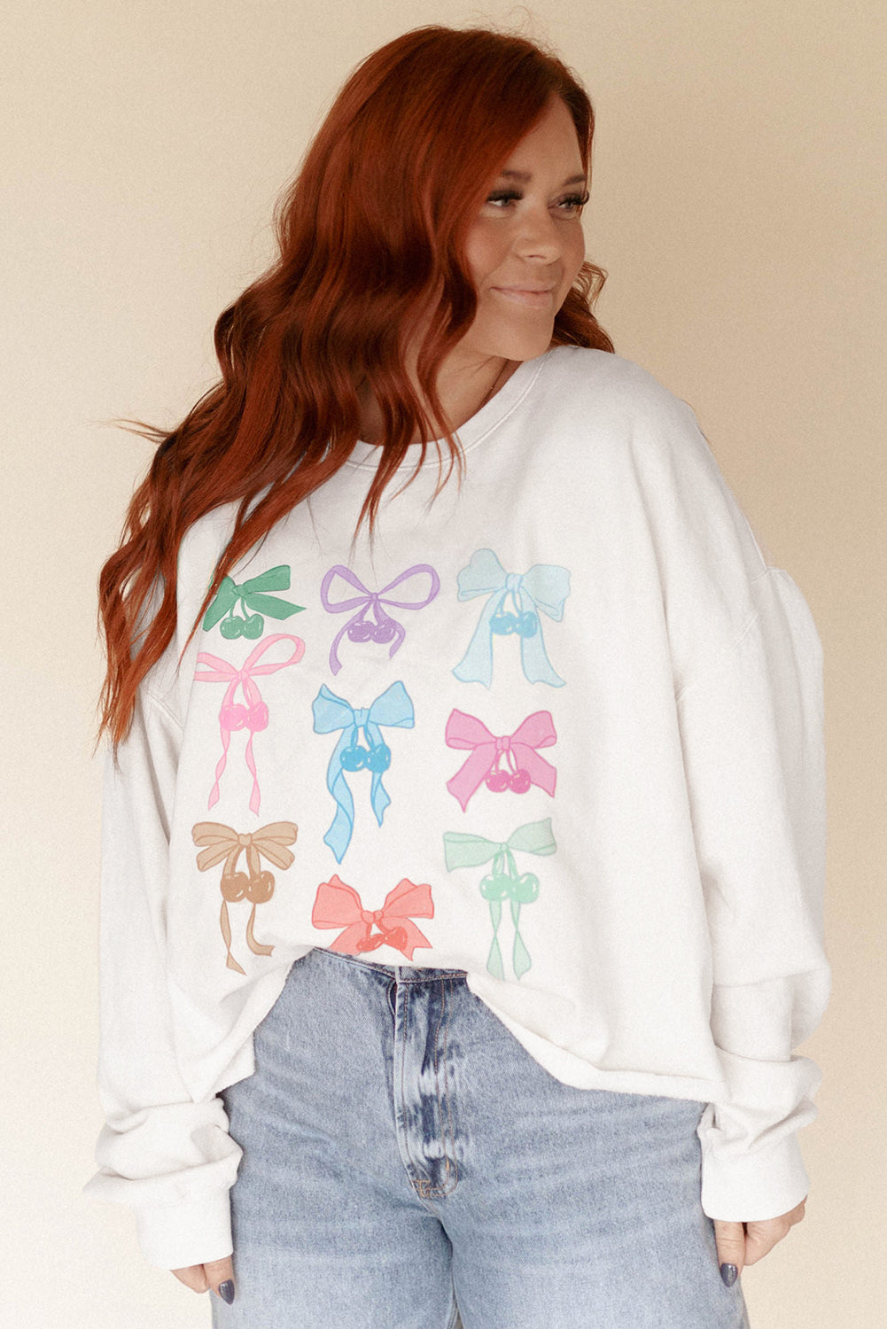 White Bowknot Pattern Loose Sweatshirt