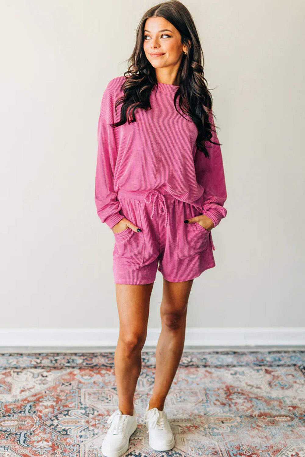 Strawberry Pink Corded Long Sleeve Top & Shorts Set