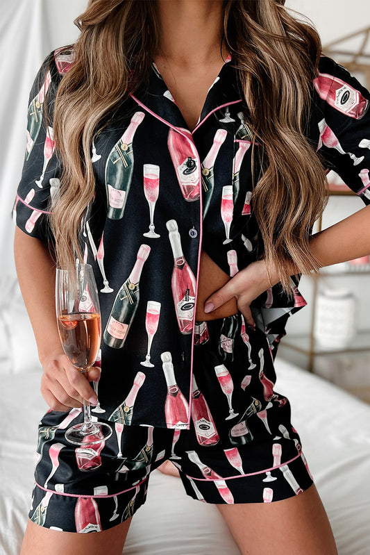 Black Champagne Silky Pajamas Set