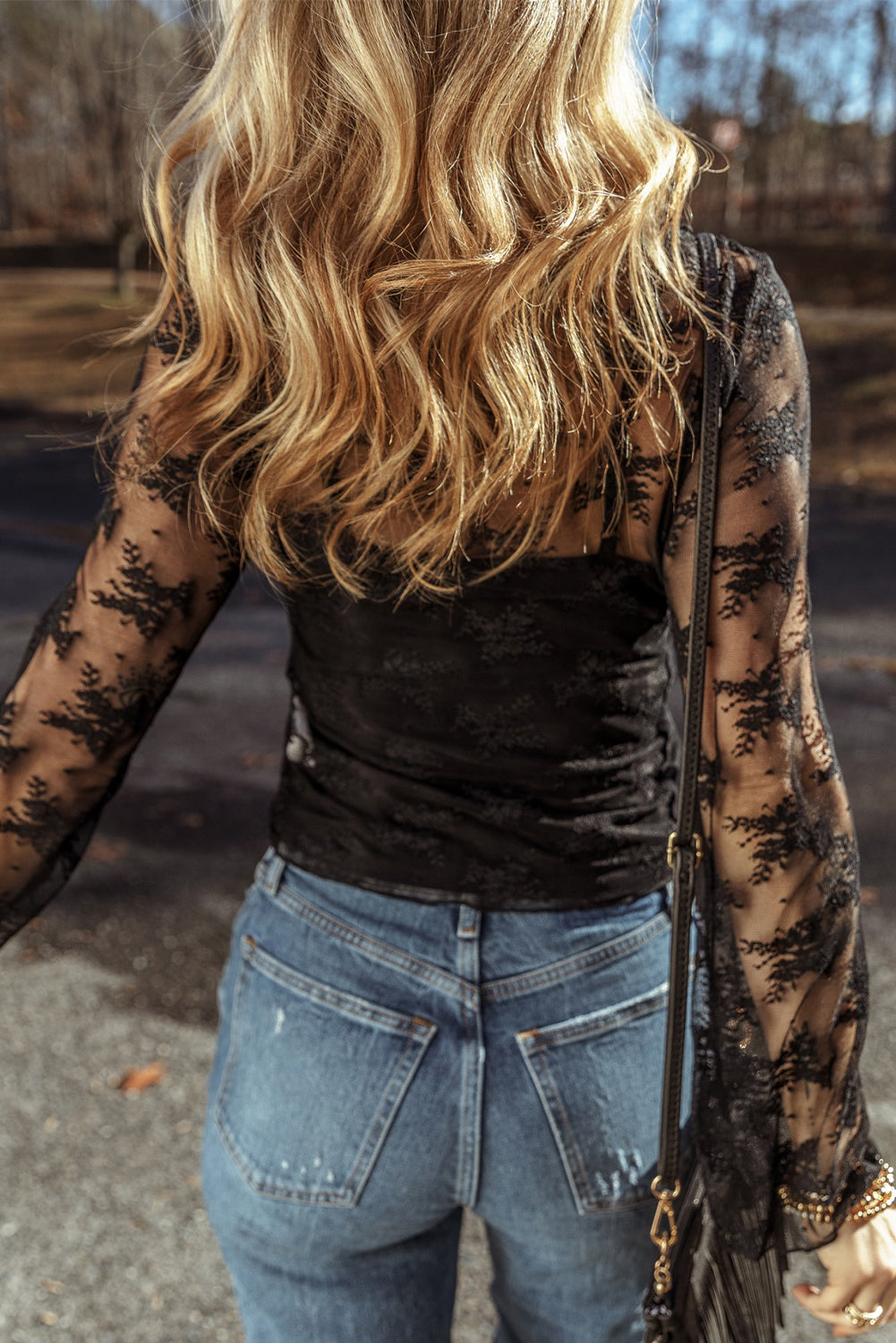 Black Lace Mesh Long Sleeve Blouse