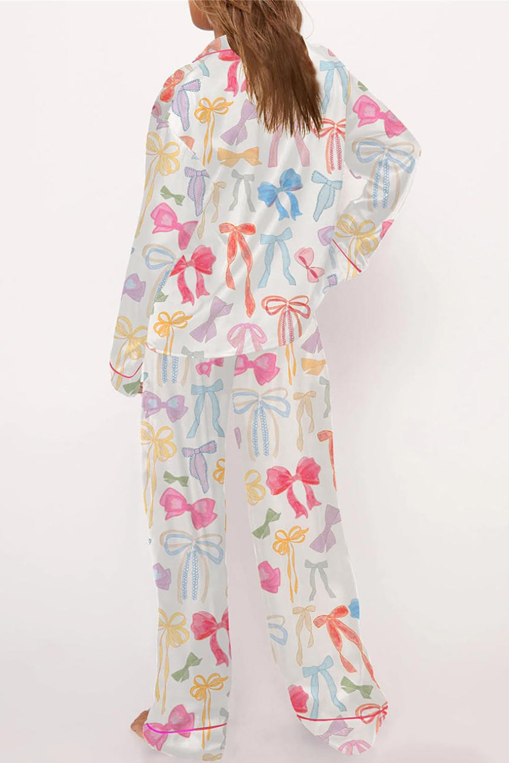 White Bow Print Satin Pajama Set